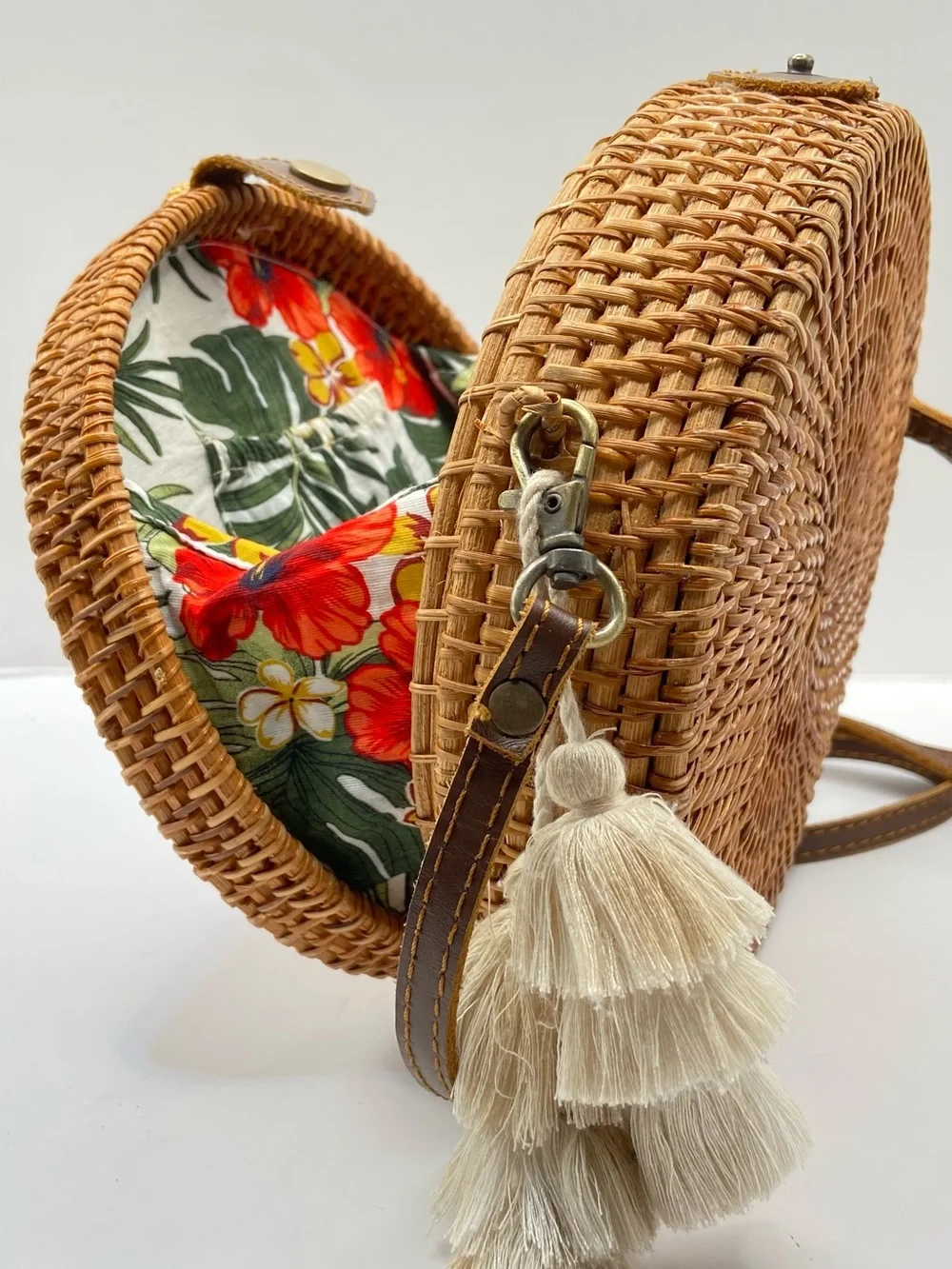 Handmade‎ Woven Round Straw Crossbody Bag with Bali Tropical Lining - Natural